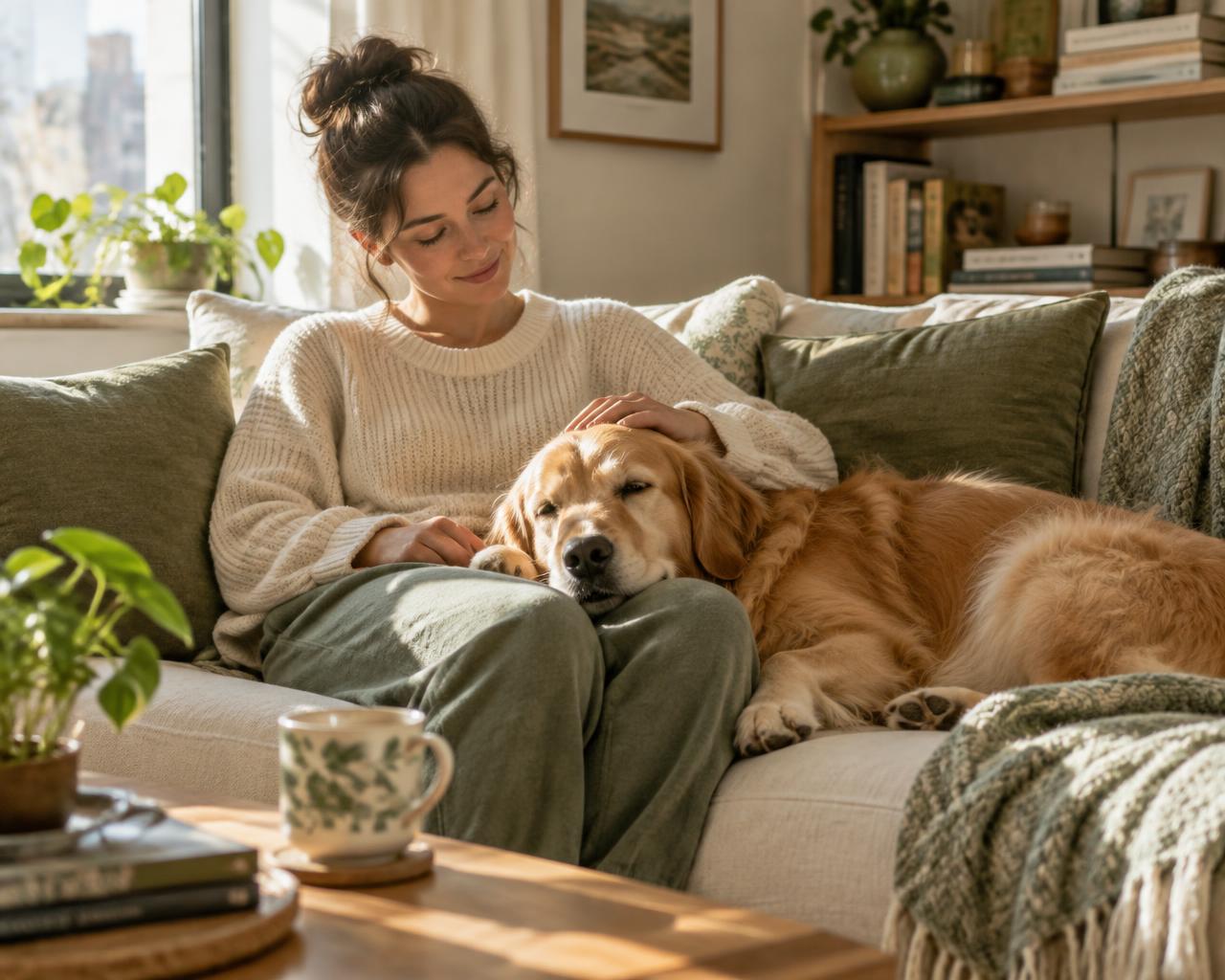 Woman relaxing on a sofa with her golden retriever